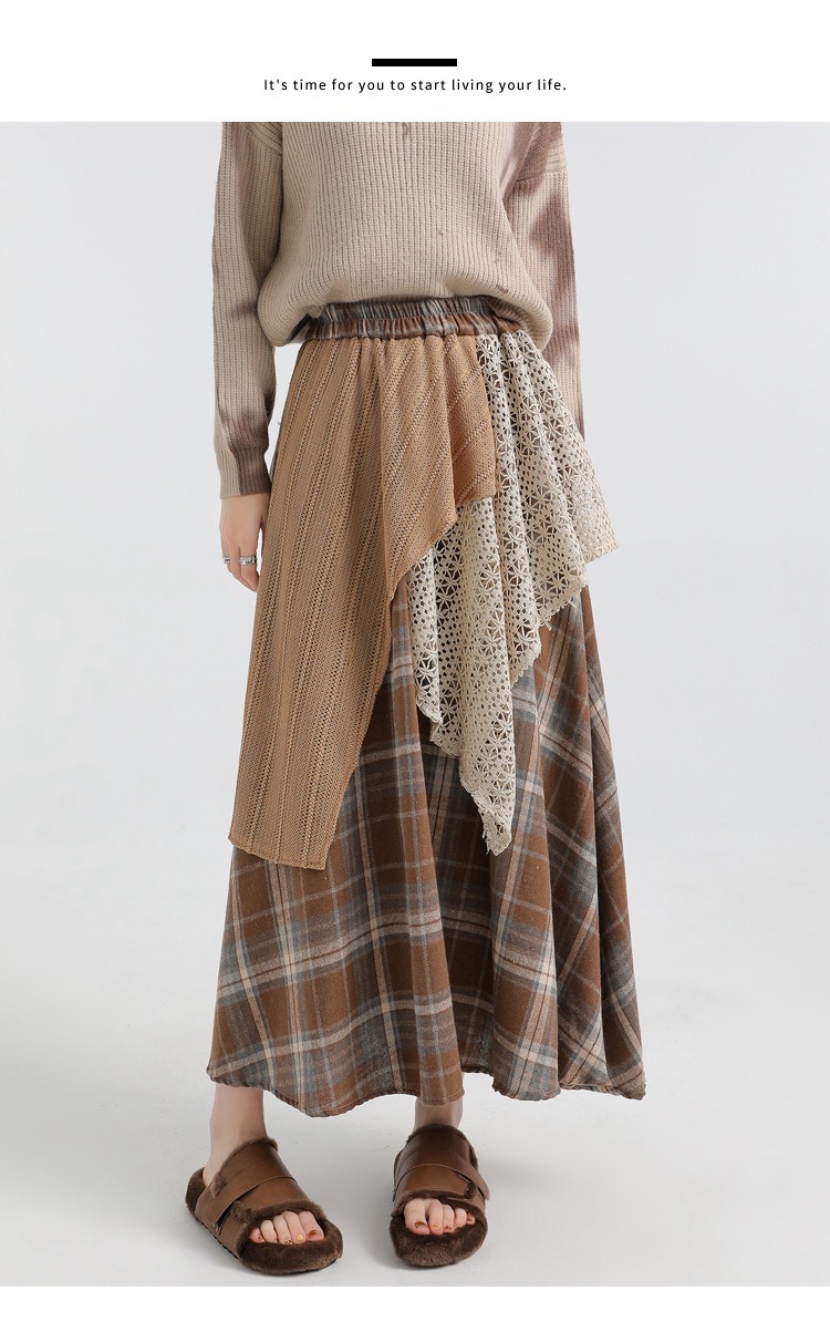 Forest-themed retro checkered skirt for women 2025 new autumn and winter design, irregularly pieced high-waisted A-line long dress pic 38