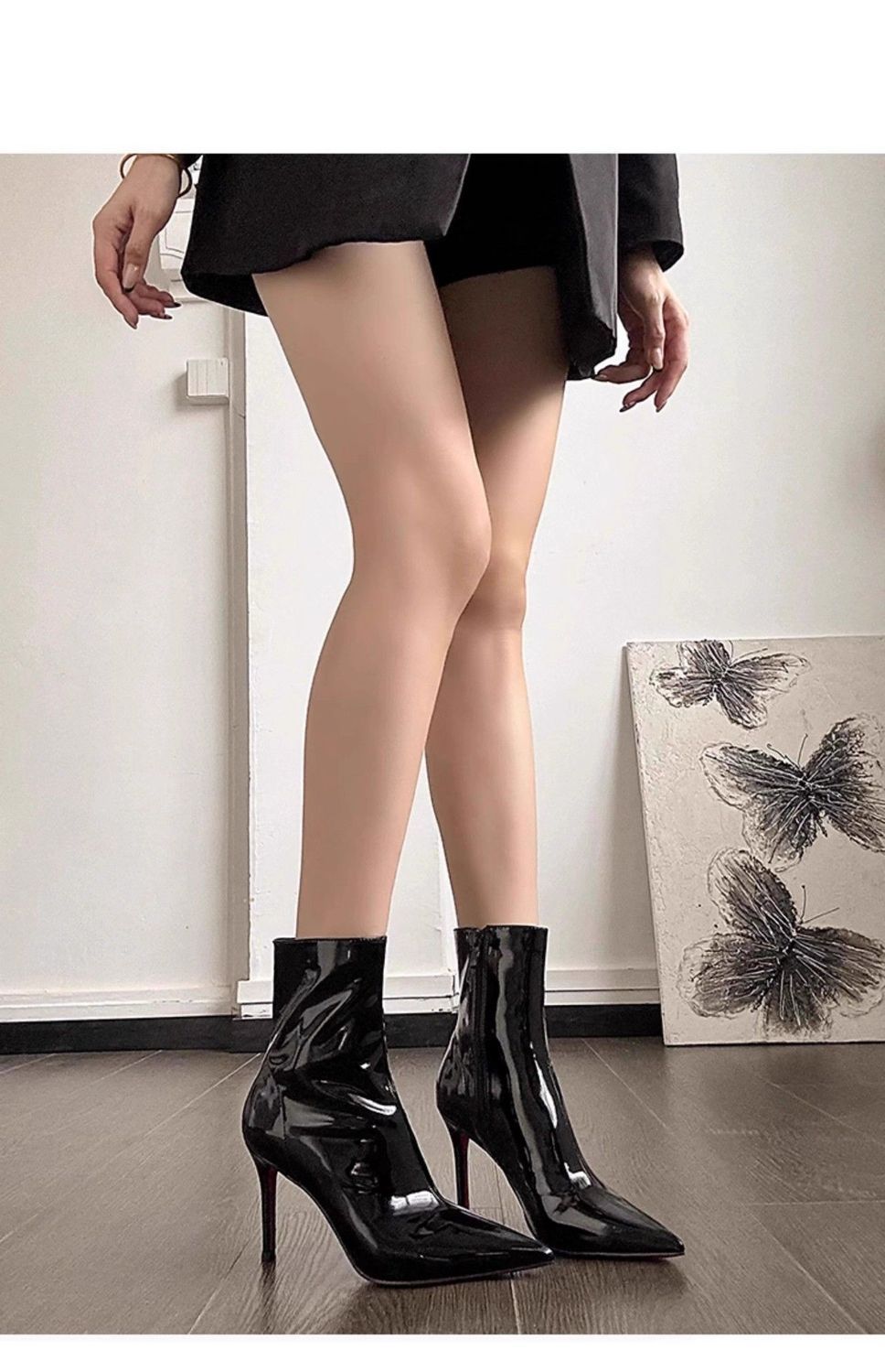 高冷学院风好看御姐短靴女秋冬款漆皮细跟尖头瘦瘦靴红底高跟鞋靴详情5