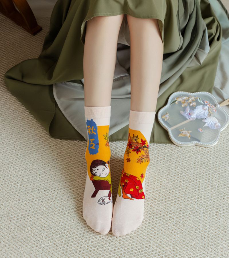 国潮袜子女原创设计古风水墨画AB鸳鸯女棉袜敦煌飞天白蛇传潮流中筒袜详情11