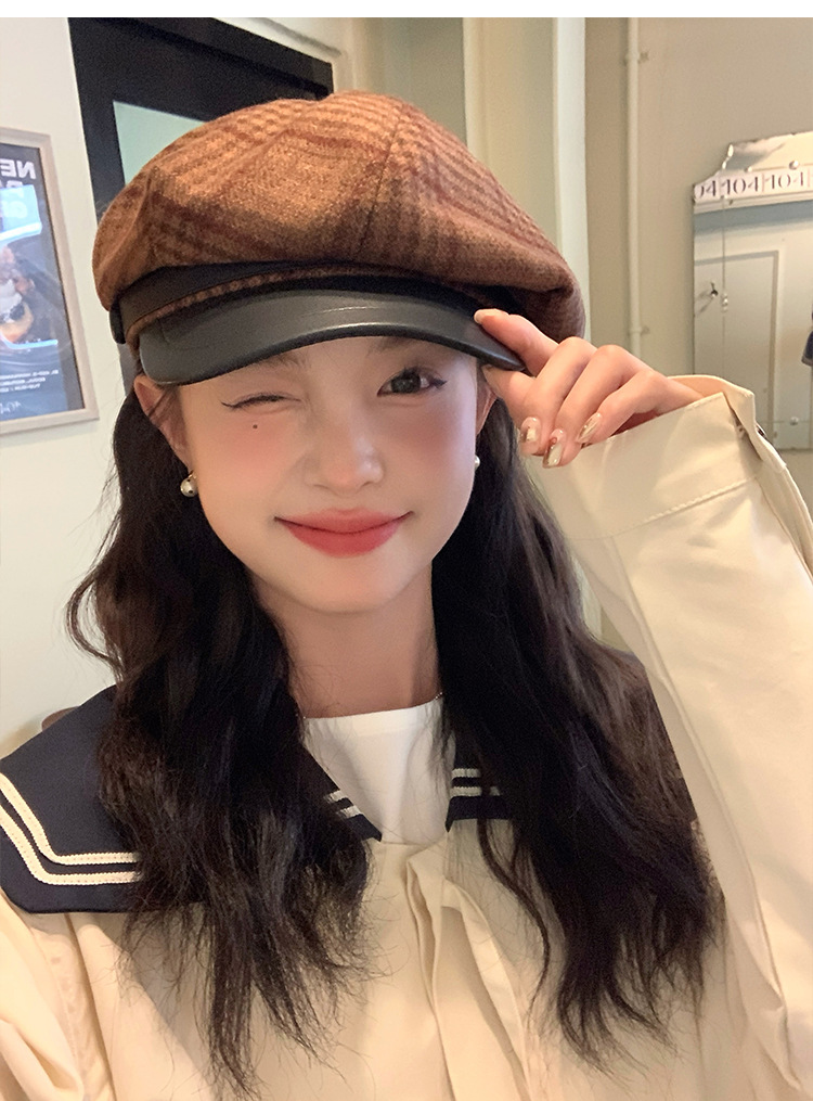 Cool and elegant checkered retro British octagonal newsboy hat for women 2024 new style face-enhancing small beret pic 13