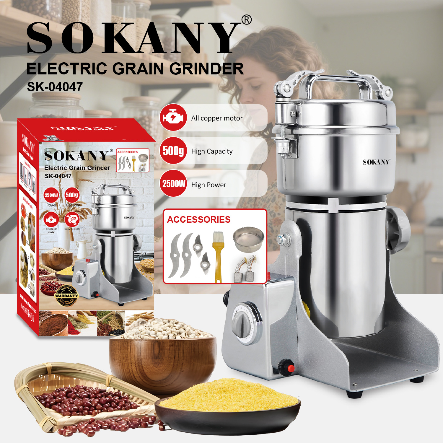 Cross-border SOKANY04047 bean grinder, household multi-functional grinding machine, five-grain and miscellaneous grain pulverizer, flour mill pic 1