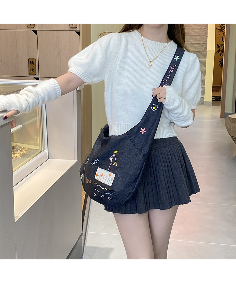 ins新款小插画牛仔斜挎包包女百搭大容量单肩包袋口拉链学生书包详情22