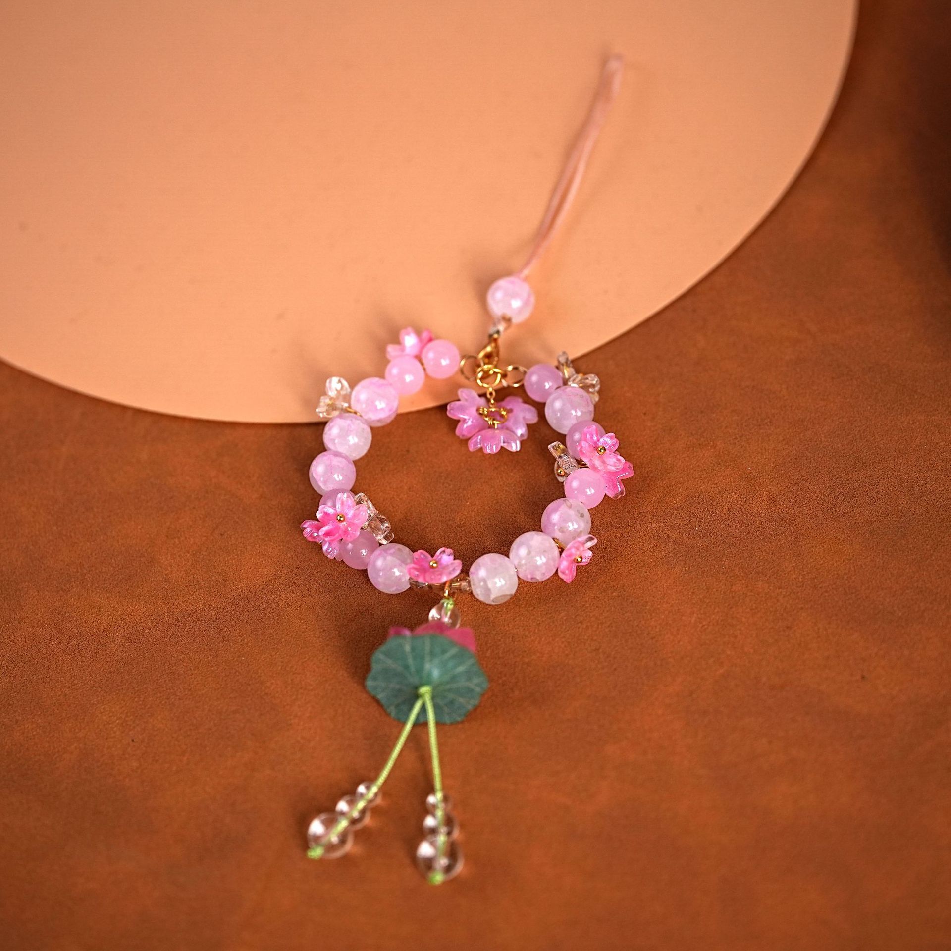 新款原创好运连连粉荷花汽车内饰挂件复古轻奢粉水晶琉璃饰品配件详情5