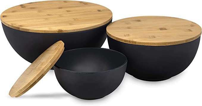Three sets of bamboo fiber salad bowls, large, medium and small, with bamboo LIDS for fruit and vegetable salad snacks pic 6