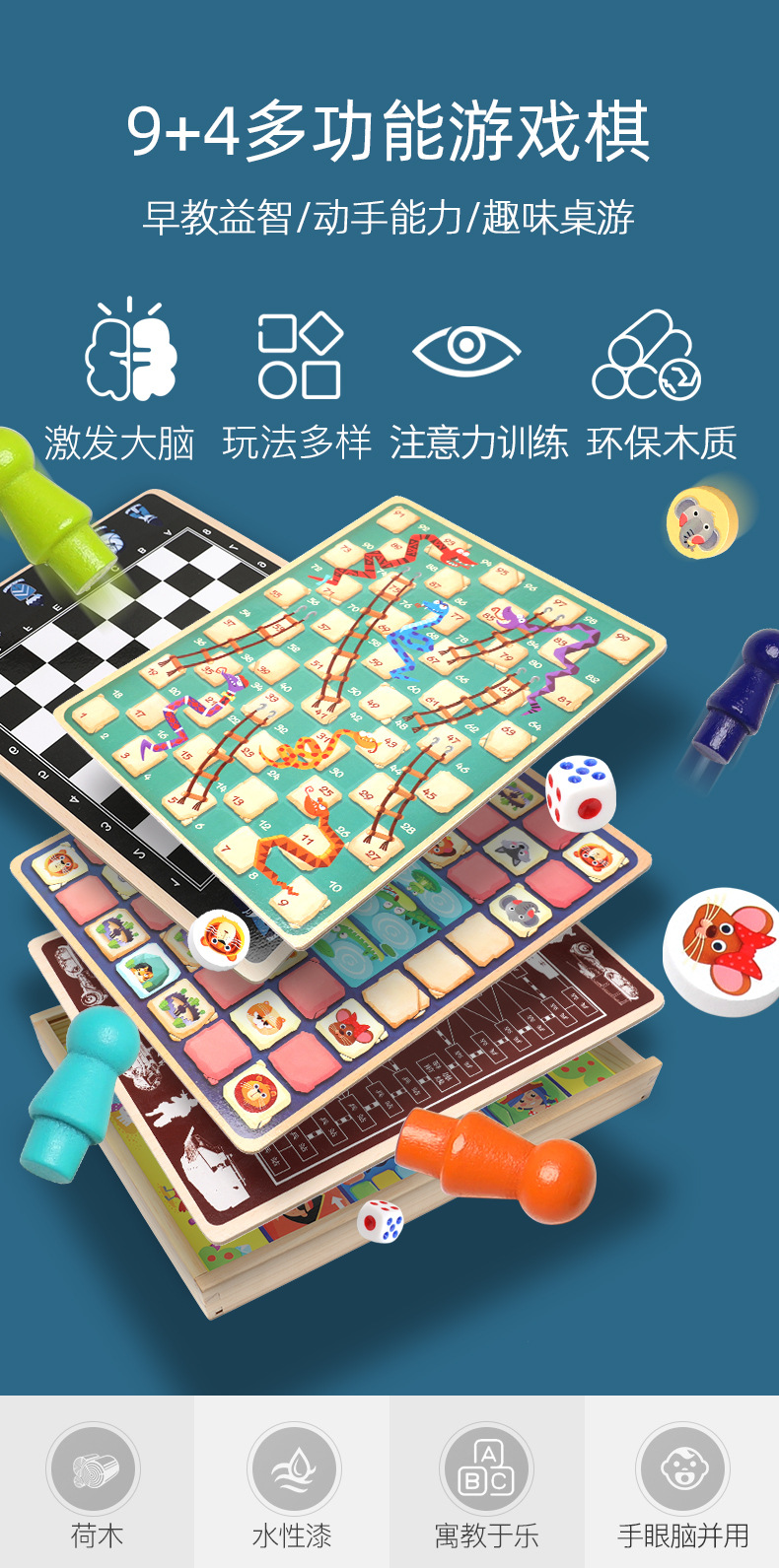 儿童木制桌面游戏玩具五子棋多功能木制七合一飞行棋跳棋儿童益智详情1