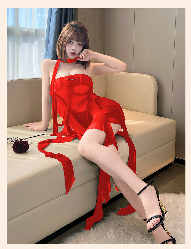 菲韵挂脖网纱飘带性感睡裙多色透视诱惑修身设计女士情趣睡衣975详情13