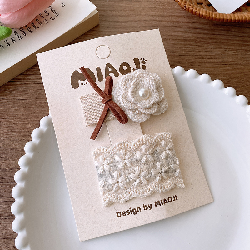French retro style, off-white fabric, lace, lace, bow, woolen woven, flower fringe, seaside hairpin for women pic 13