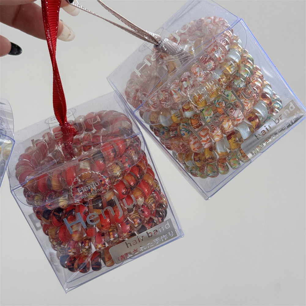 Floral, colorful, seamless telephone line hair tie, box-set hair band, new high-end style hair tie, high-elasticity rubber band headwear pic 9