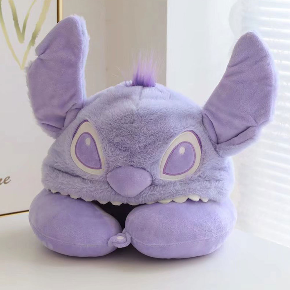 跨境爆款日系卡通史迪仔连帽颈枕毛绒玩具U型枕办公室午睡枕批发详情1