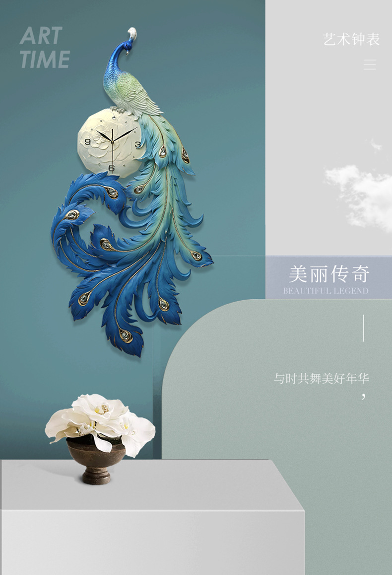 Amazon cross-border e-commerce three-dimensional relief new Chinese-style peacock wealth attraction living room wall clock decoration clock art clock pic 4