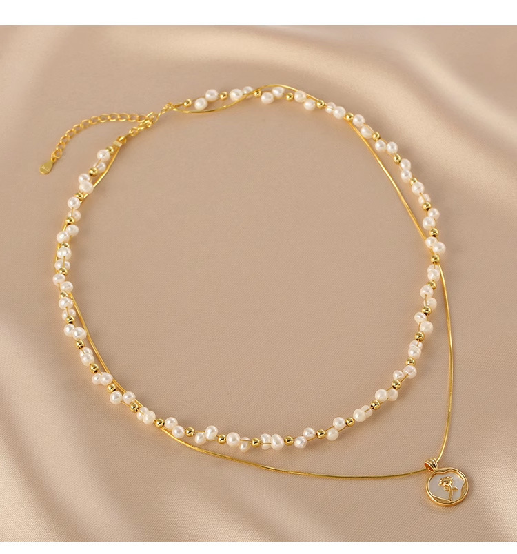 淡水珍珠双层叠戴链滴油玫瑰花项链交叉编织小颗粒淡水珍珠锁骨链详情3