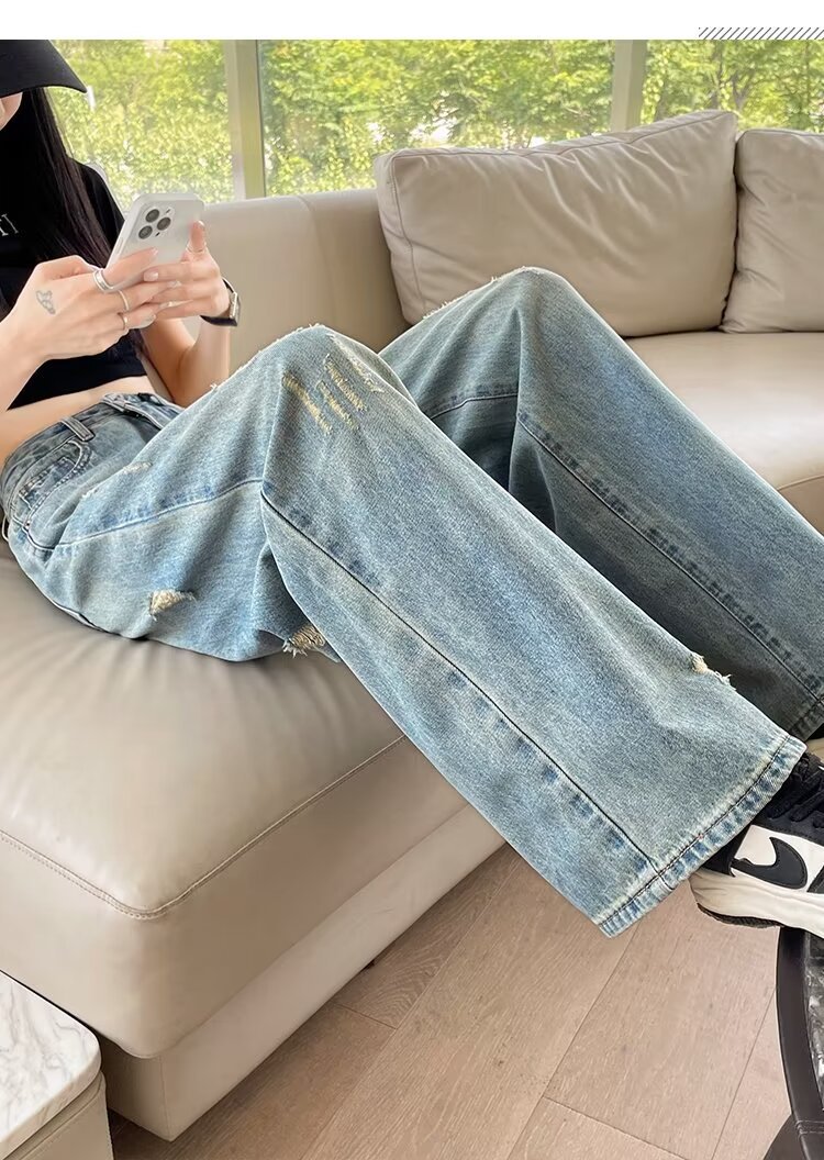 大码复古水洗磨白牛仔裤女春秋新款高腰胖mm宽松显瘦阔腿拖地裤子详情33