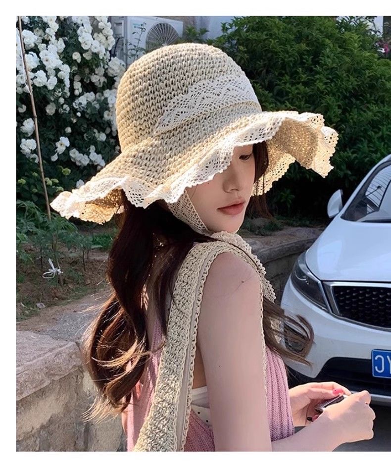 草帽海边帽子ins系带草编帽女出游防晒沙滩太阳帽蕾丝遮阳帽详情6