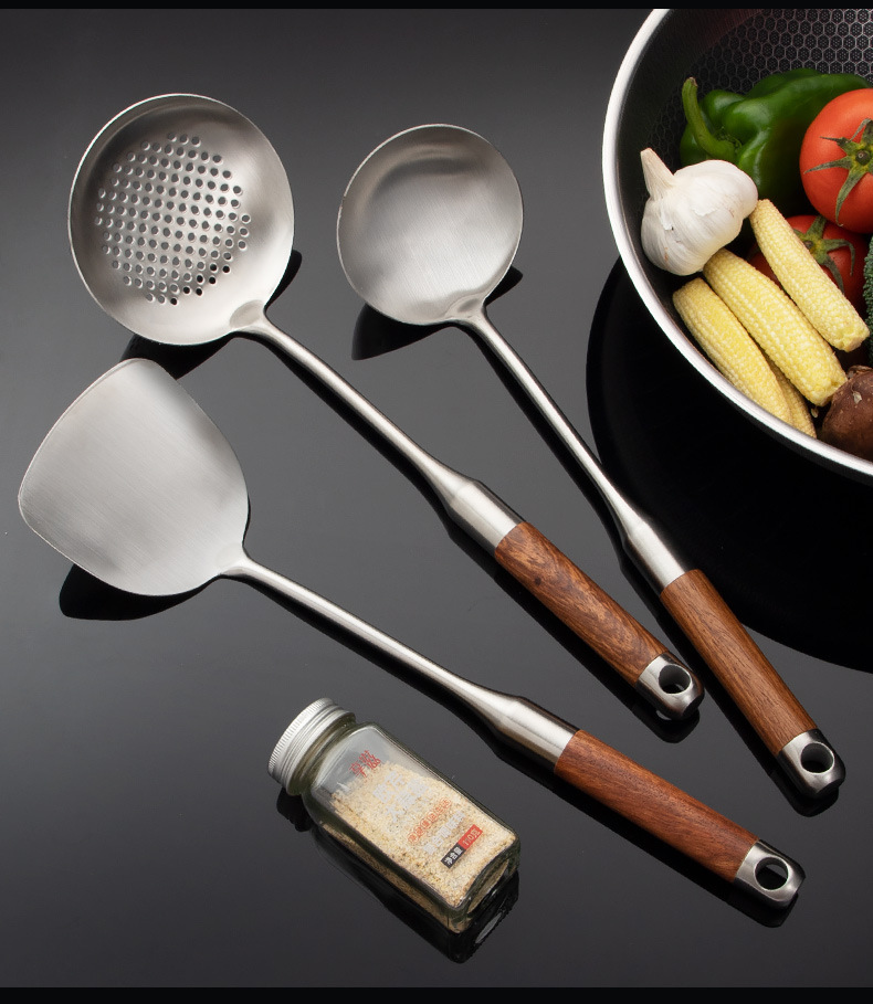 Wholesale of 316 stainless steel spatulas, household kitchenware sets, rosewood-handled soup spoons, strainers and cooking spatulas pic 17