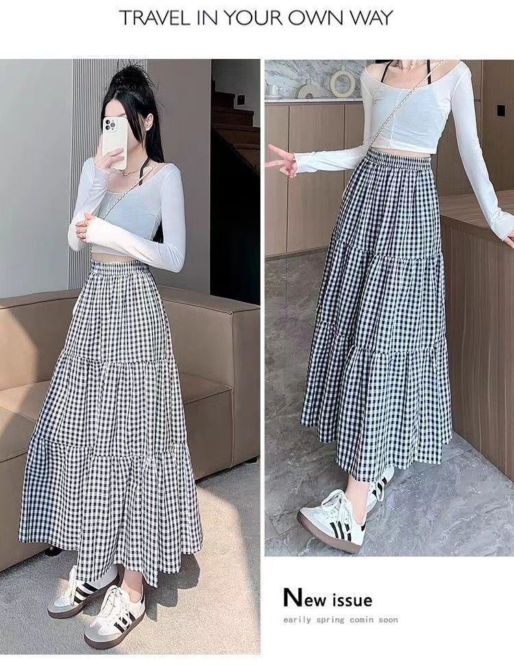 复古小格子半身裙女2025新款高腰a字长裙显瘦遮胯大摆伞裙蛋糕裙详情11