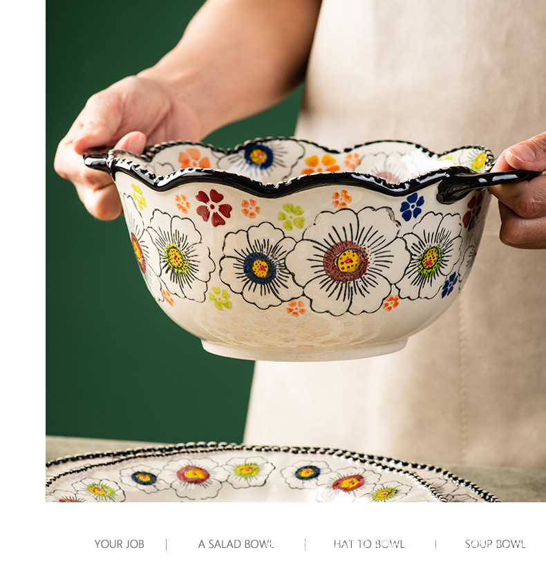 邦成陶瓷碗碟套装家用饭碗菜盘盘子餐具复古双耳碗面碗汤碗大碗详情12