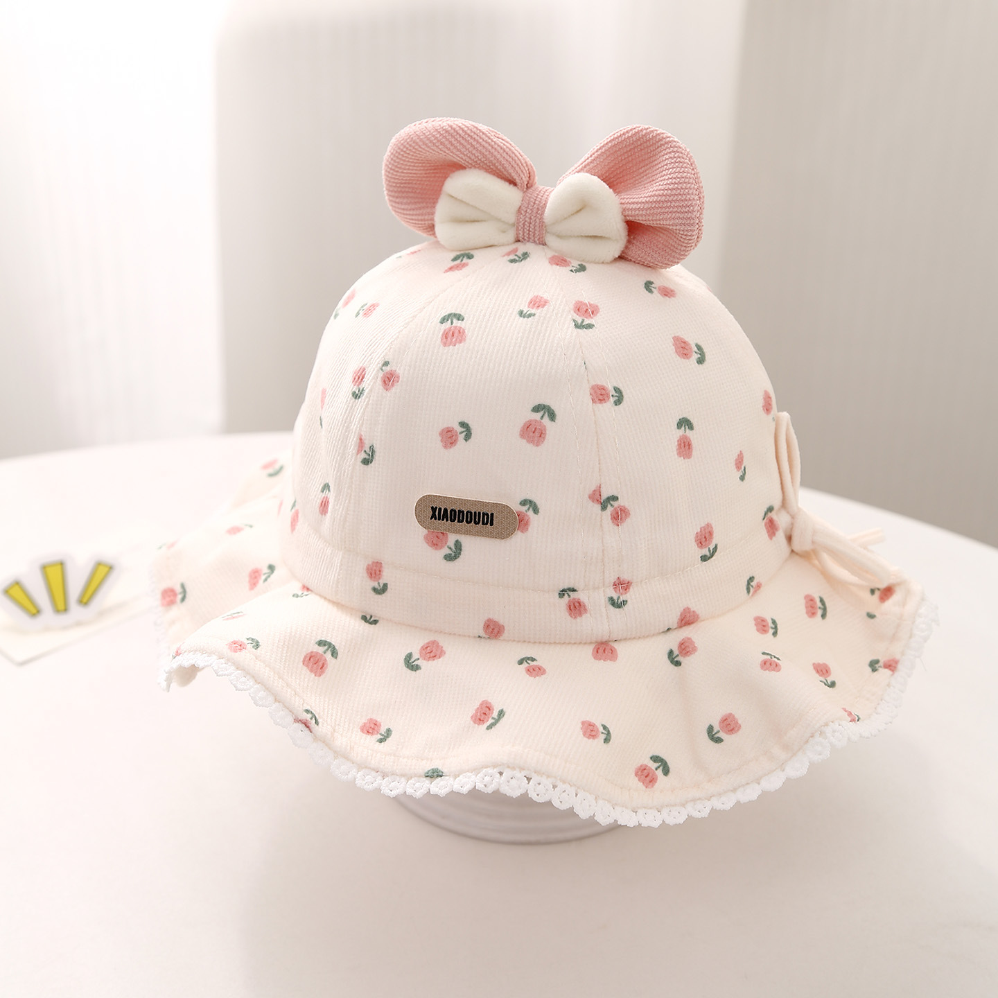 婴儿帽子春秋季花朵蝴蝶结女童渔夫帽冬天可调节防风遮阳宝宝盆帽详情7
