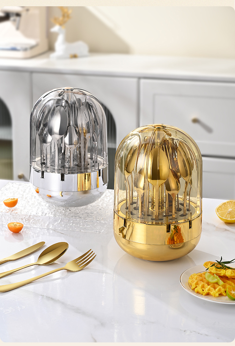 Cross-border Mood egg stainless steel Western cuisine knife, fork and spoon tableware 24-piece set, rotatable golden egg set tableware storage rack pic 13