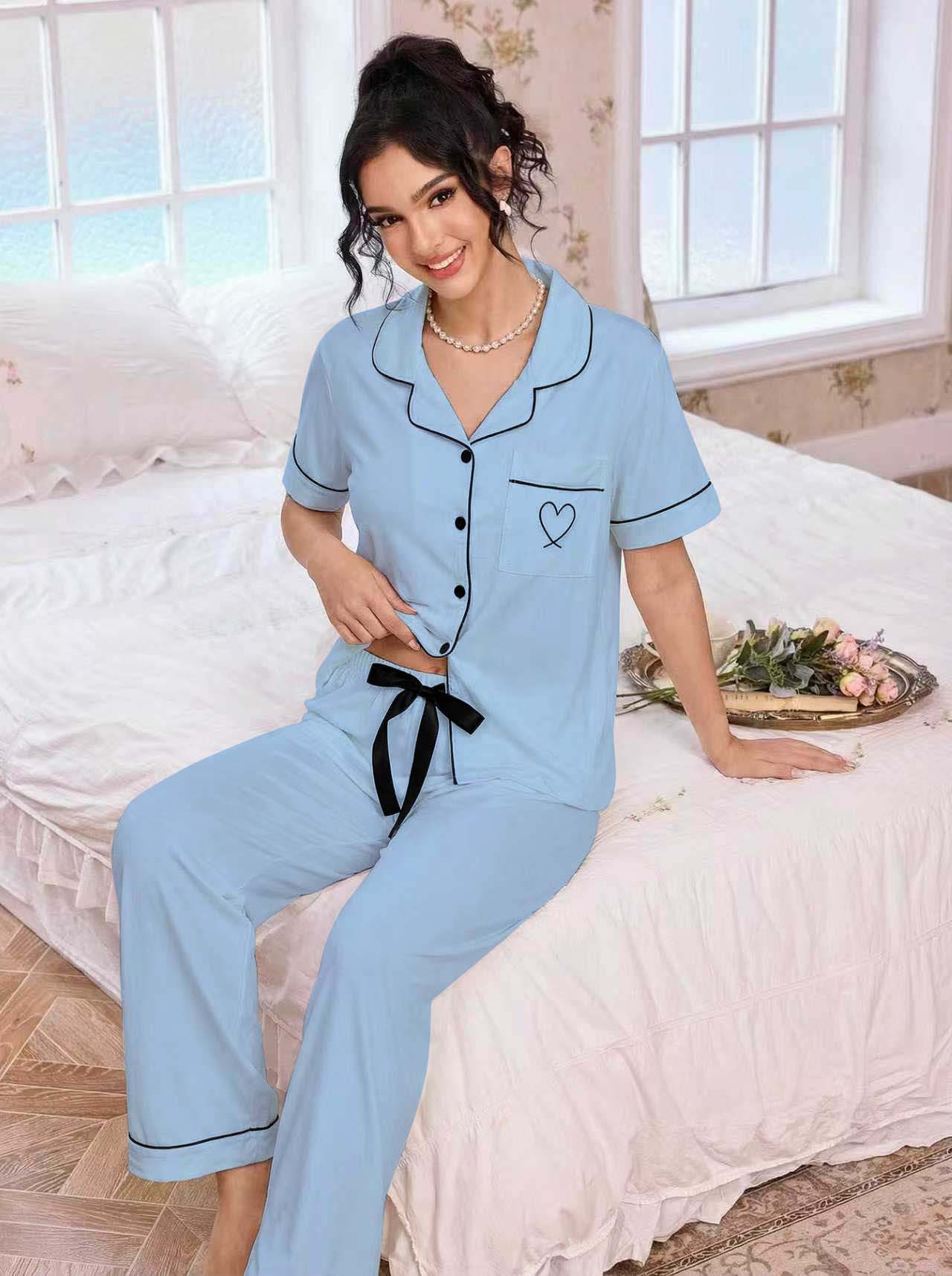 亚马逊欧美家居服套装翻领开衫短袖长裤爱心绣花睡衣女外贸独立站详情29