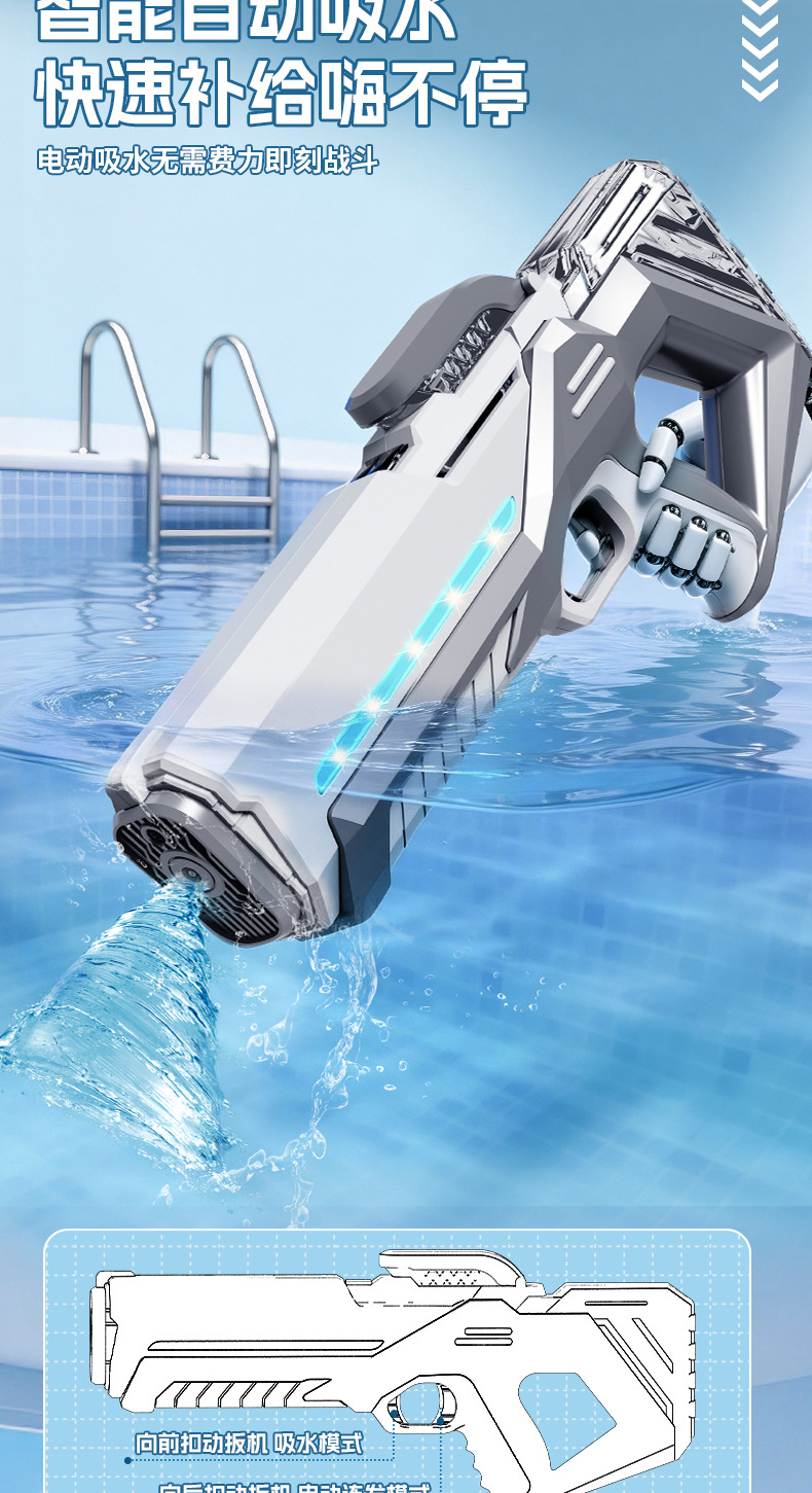 Automatic high-pressure water suction pulse electric water gun with generator motor, water gun transmission mechanism, water gun treasure box toy pic 4