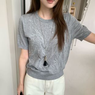 南油高端女装2026夏季新款珍珠装饰麻花纹针织短袖通勤气质上衣详情10