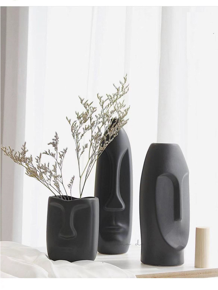 2026 Nordic creative simple black and white Ceramic vase, InS-style living room dried flower arrangement, face art decorative item pic 4
