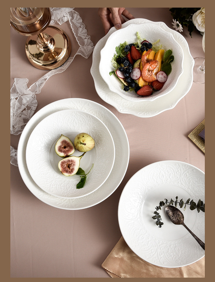 Nordic tableware, solid-color creative lace ceramic bowl, LOGO embossed Western steak plate, round deep plate, for home use pic 14