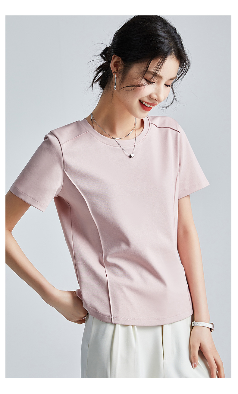The same style of white short-sleeved off-the-shoulder T-shirt for women in the mall, 25 summer mercerized cotton round-neck base layer T-shirt, half-sleeved pic 31