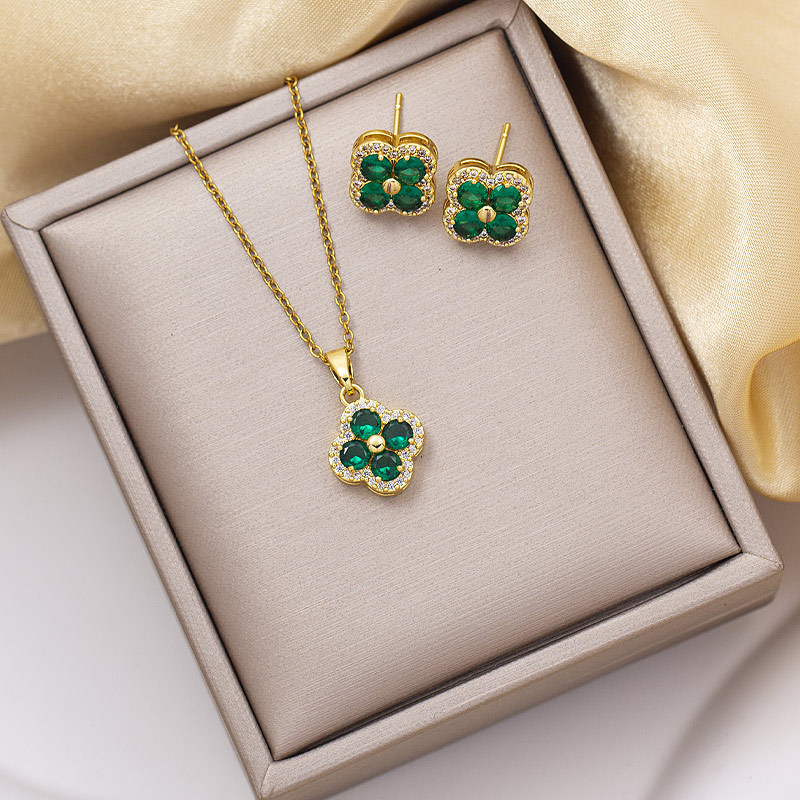 项链女花朵长款四叶草吊坠耳钉轻奢电镀高级感钛钢缅甸爆款锁骨链详情1