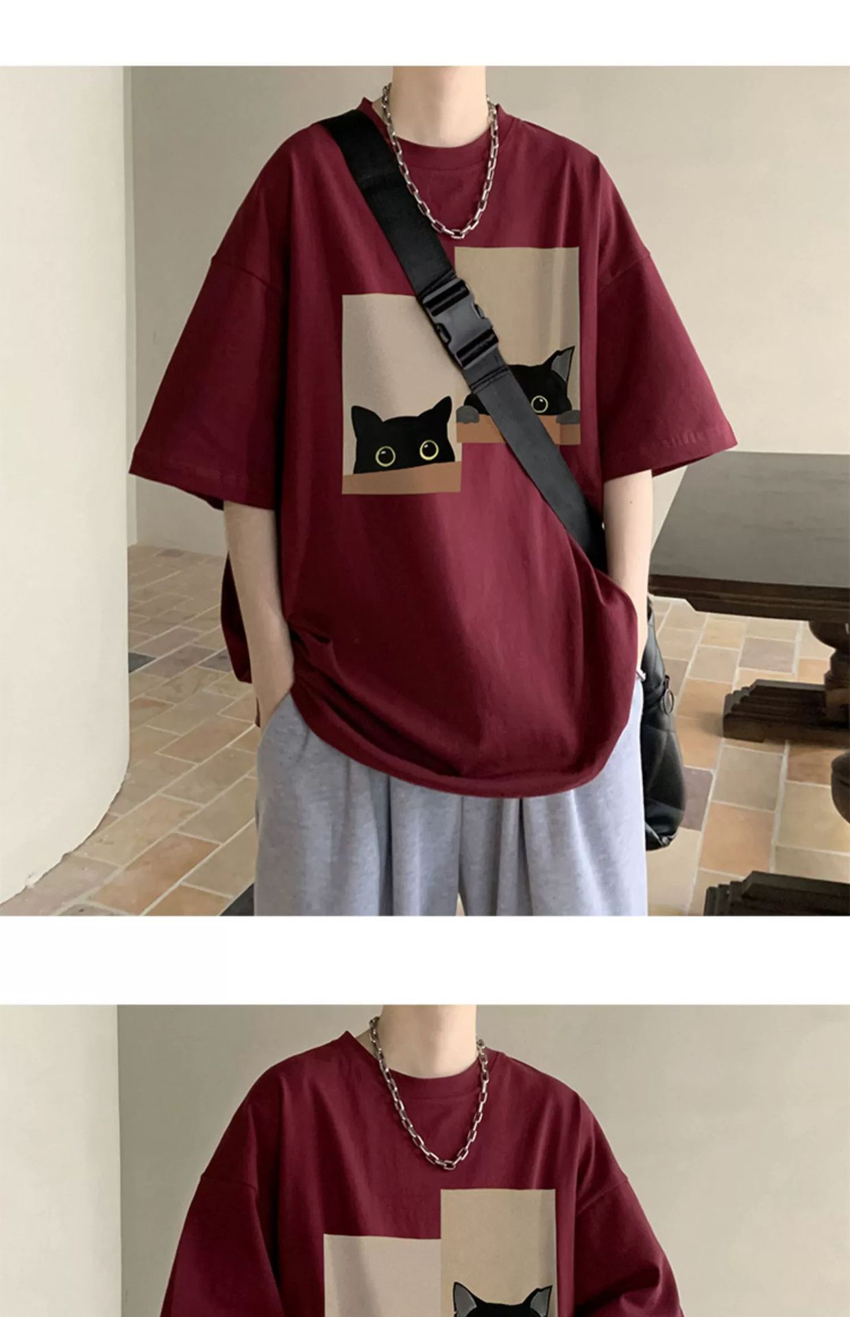 酒红色廓形短袖T恤男生夏季男士情侣衣服2024新款青少年宽松半袖详情10