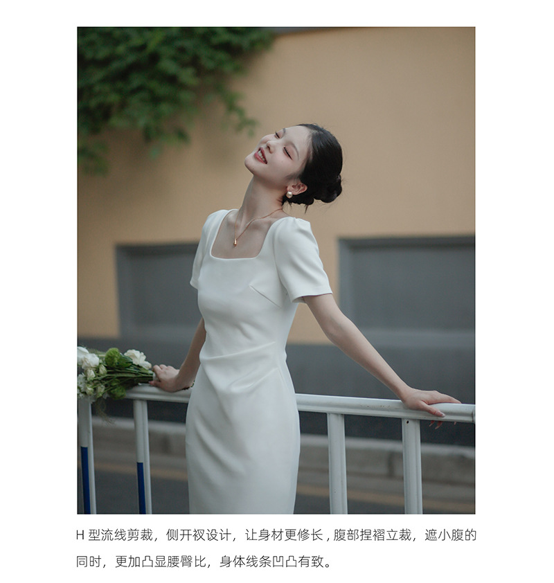 白色法式小礼服方领短袖修身微弹力长款领证订婚小晚礼服连衣裙详情1