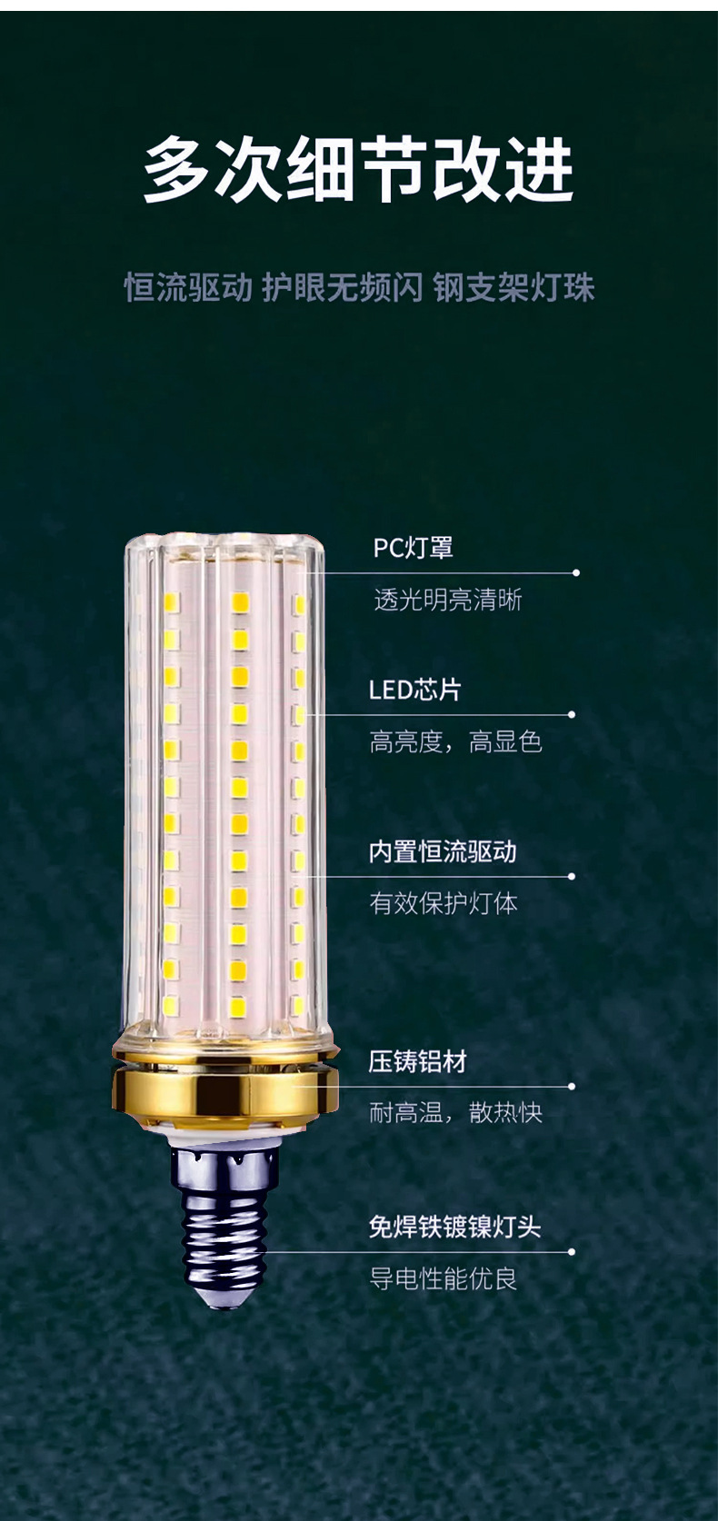 LED灯泡玉米灯家用e27螺纹e14螺口节能灯暖白三色光照明吊灯光源详情3
