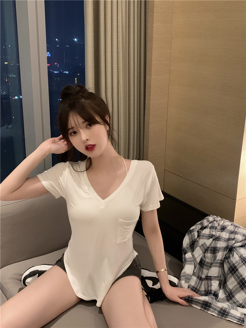 T恤女2024夏季新款v领设计感内搭打底衫不规则辣妹欲风短袖上衣详情18
