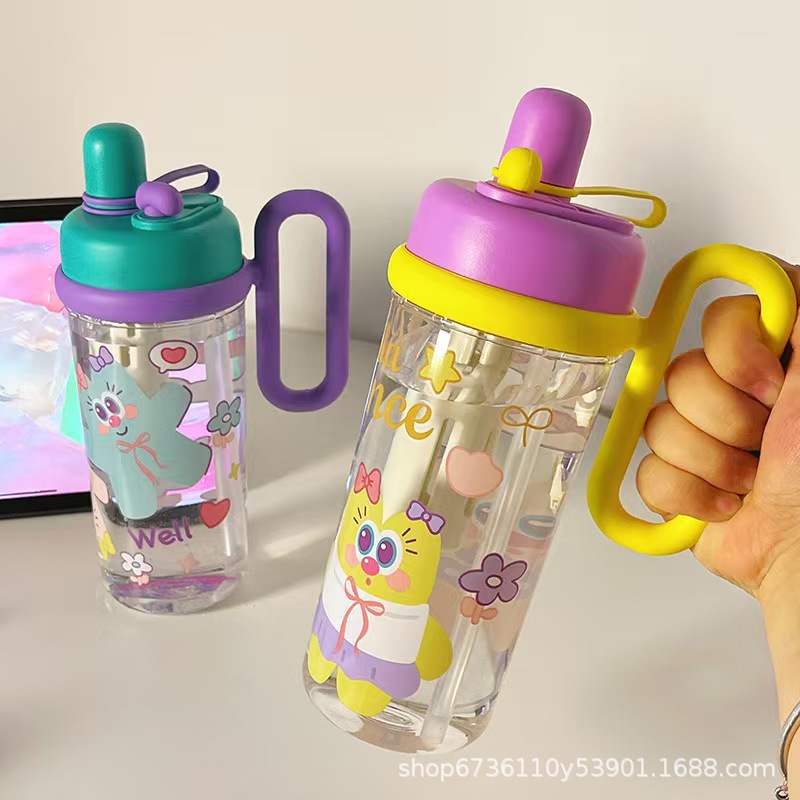 New cartoon children's plastic water cup with high appearance level, girls' double-drinking cup, large-capacity portable student cup pic 9