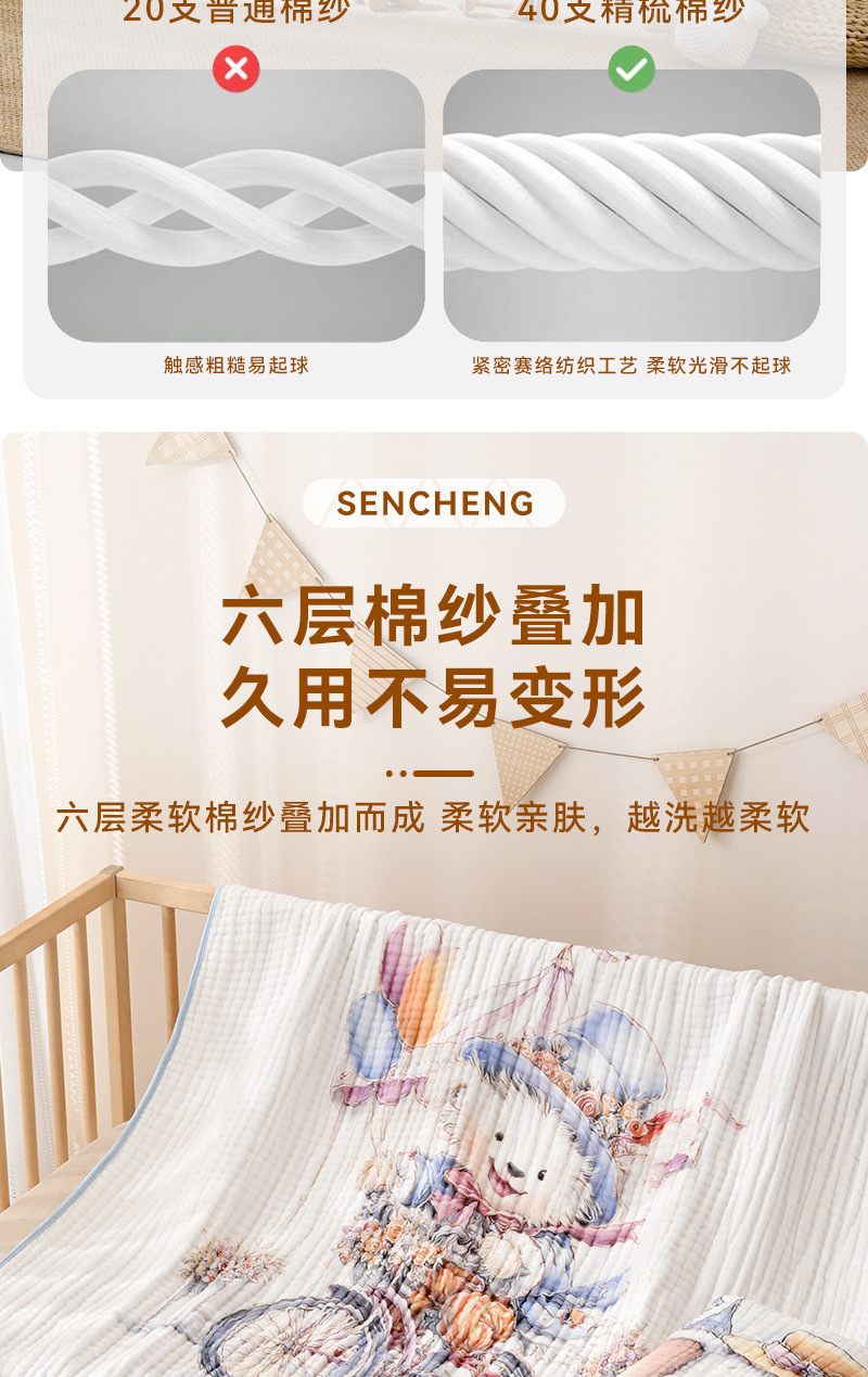 新生宝宝6层一体泡泡纱儿童浴巾幼儿园被子成人午睡纱布婴儿盖毯详情5