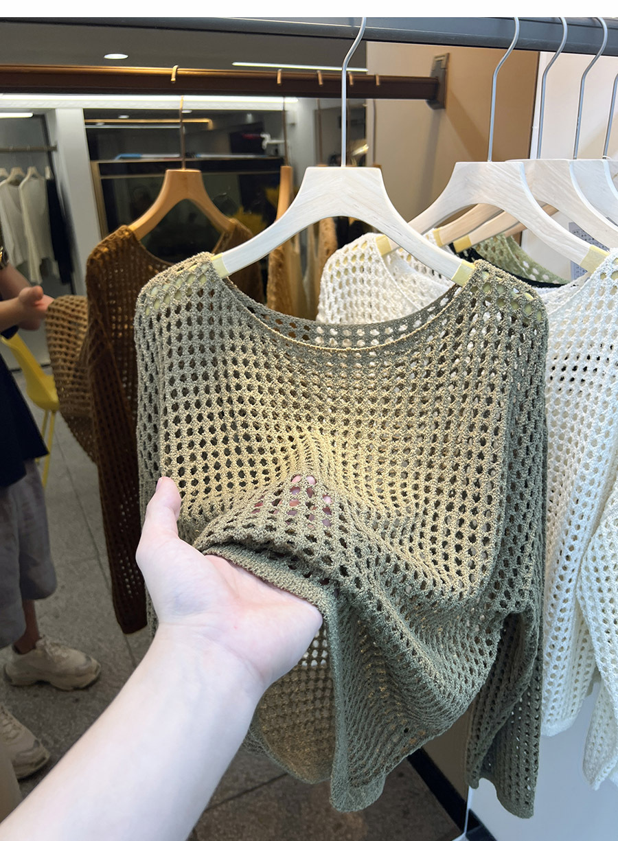 KANING欧货长袖镂空针织网衫女2025夏秋新款网眼罩衫新款上衣网纱详情3