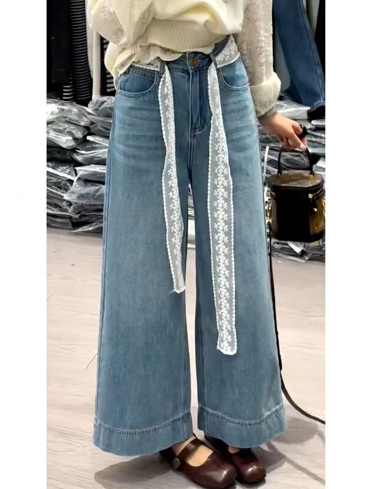 Loose, petite, high-waisted, slimming 9-inch straight-leg lace jeans for women in 2025, a trendy and retro wide-leg pants trend pic 8