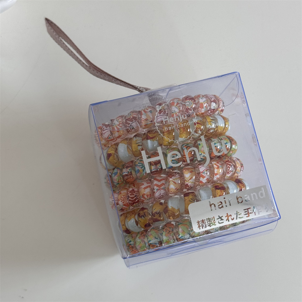 Floral, colorful, seamless telephone line hair tie, box-set hair band, new high-end style hair tie, high-elasticity rubber band headwear pic 11