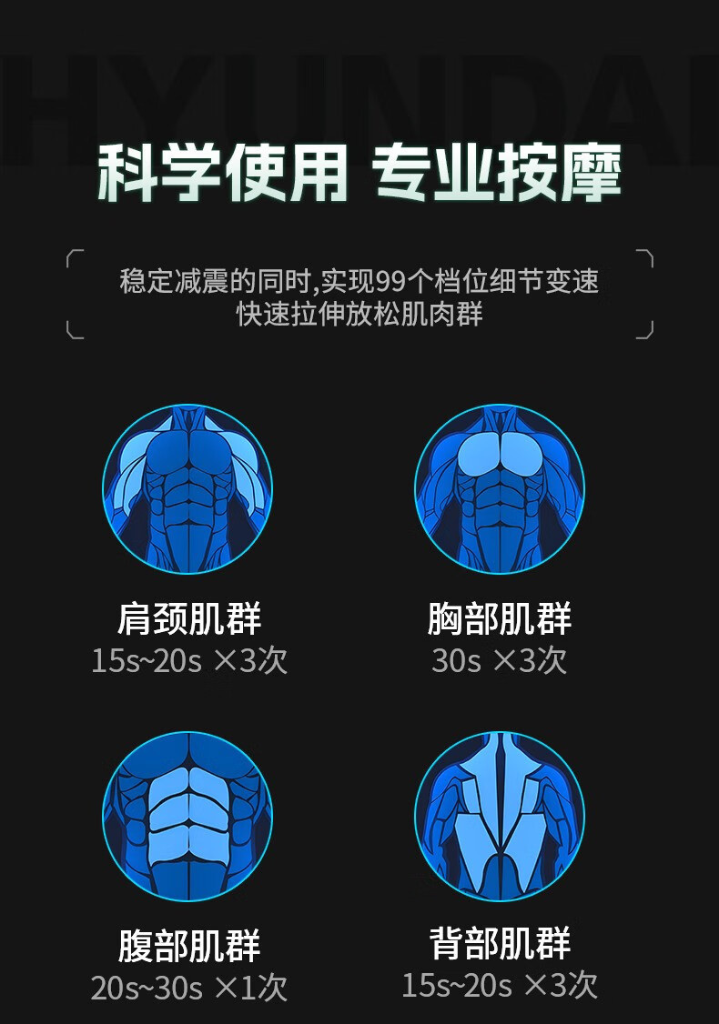 严选HYUNDAI电动筋膜枪充电款按摩器四六头按摩枪专业级肌肉按摩详情28