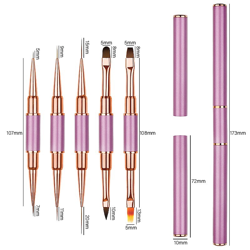跨境热销双头带盖美甲笔刷工具5支套装 金属杆彩绘拉线晕染光疗笔详情8