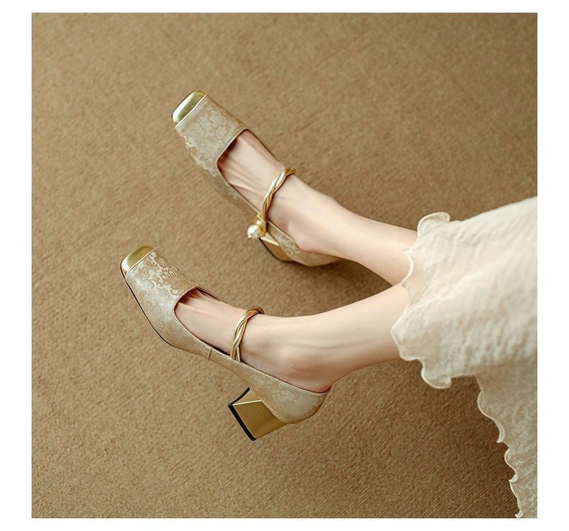 春季高跟鞋女一字带单鞋新中式国风拼色方头玛丽珍鞋法式珍珠粗跟详情12