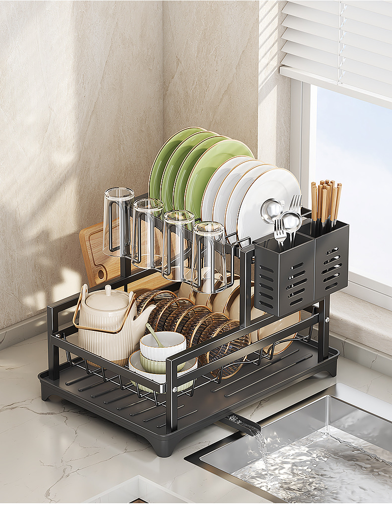 外贸厨房碗碟架沥水架收纳架台面碗盘碗筷置物架带杯架跨境碗碟架详情17