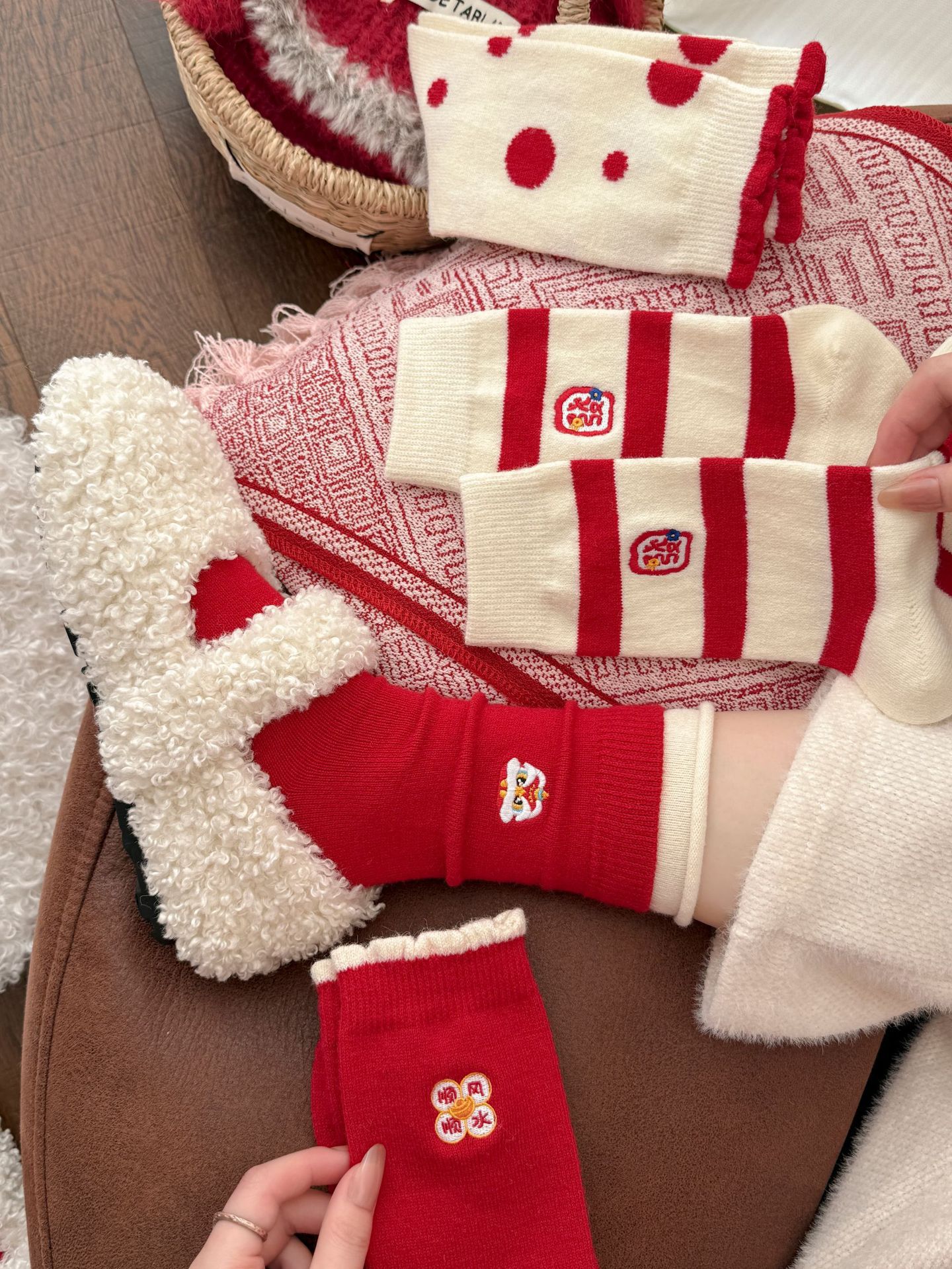 Wool socks, big red socks for the zodiac year, women's autumn and winter warmth, striped mid-calf socks for the Year of the Horse, thickened New Year socks, pile socks pic 20