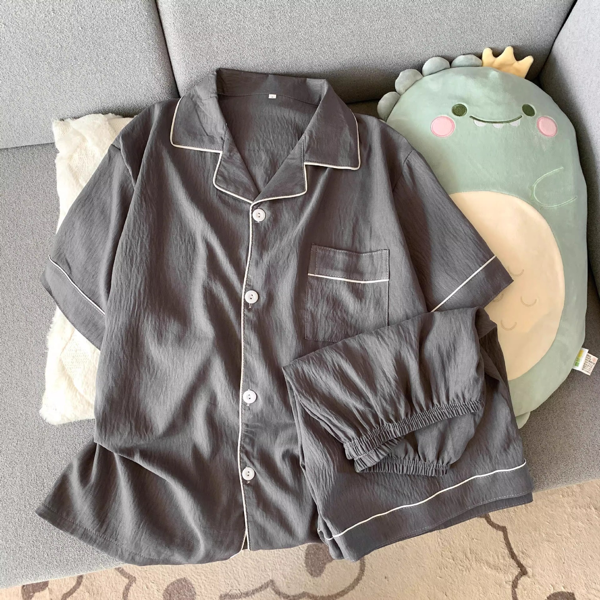 云朵纯棉纱男士睡衣夏季短袖简约纯色高级感可外穿家居服三件套装详情6