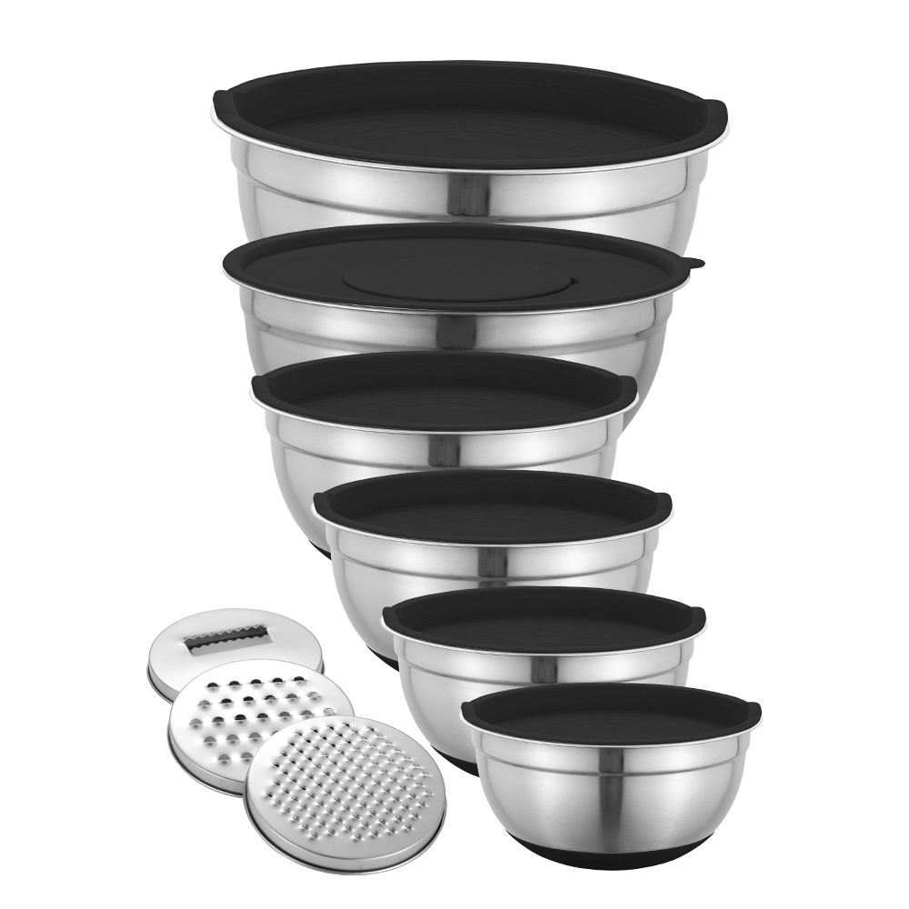 Stainless steel salad bowl, khaki black silicone bottom, anti-slip cover, grater, egg beater set, baking mixing bowl pic 17