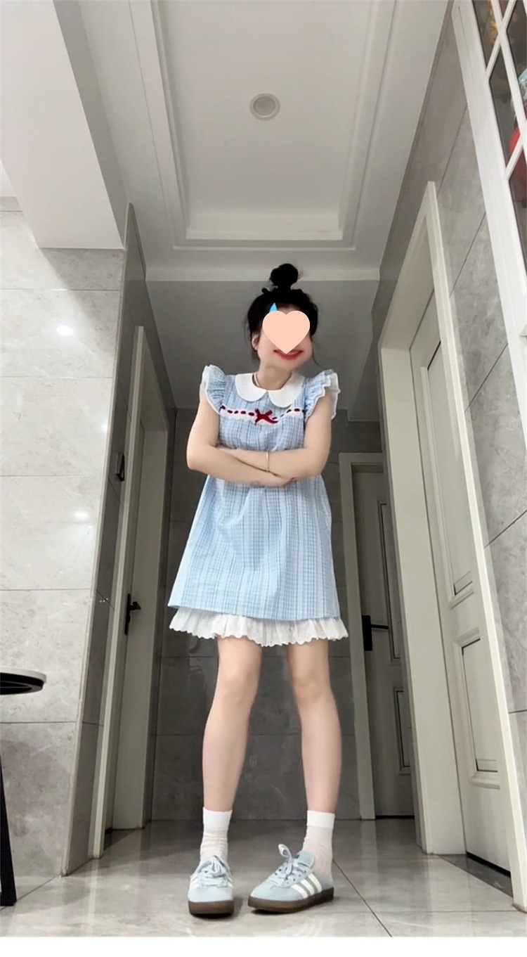 法式娃娃领蓝色小飞袖格子连衣裙子女夏季2025年新款气质公主短裙详情6