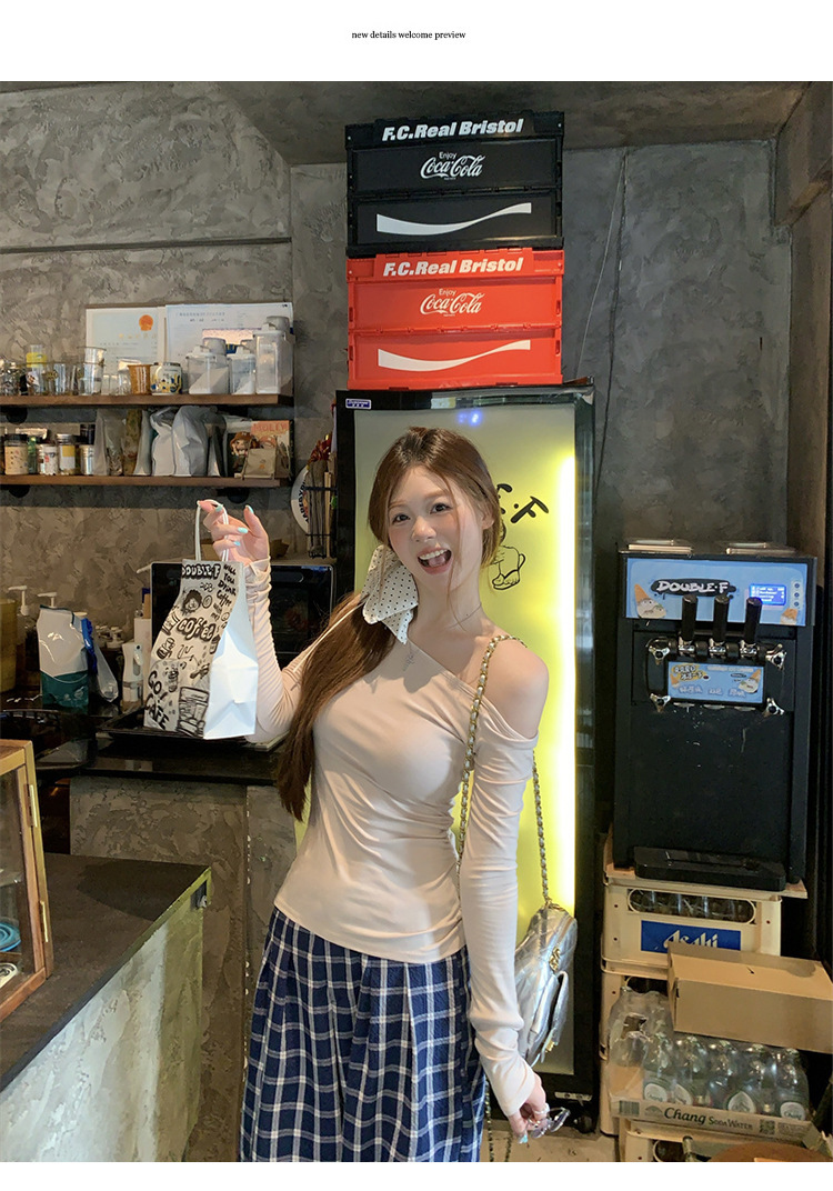 纯欲辣妹修身显瘦露肩长袖T恤女装早秋设计感百搭打底衫学生上衣详情18