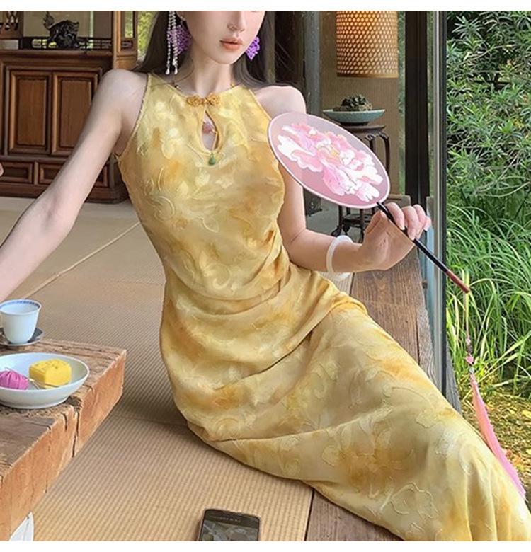【 Spring Knowledge and Tangxin 】 New Chinese-style traditional Chinese cut-and-shoulder modified cheongsam mid-length dress, elegant printed long dress pic 10