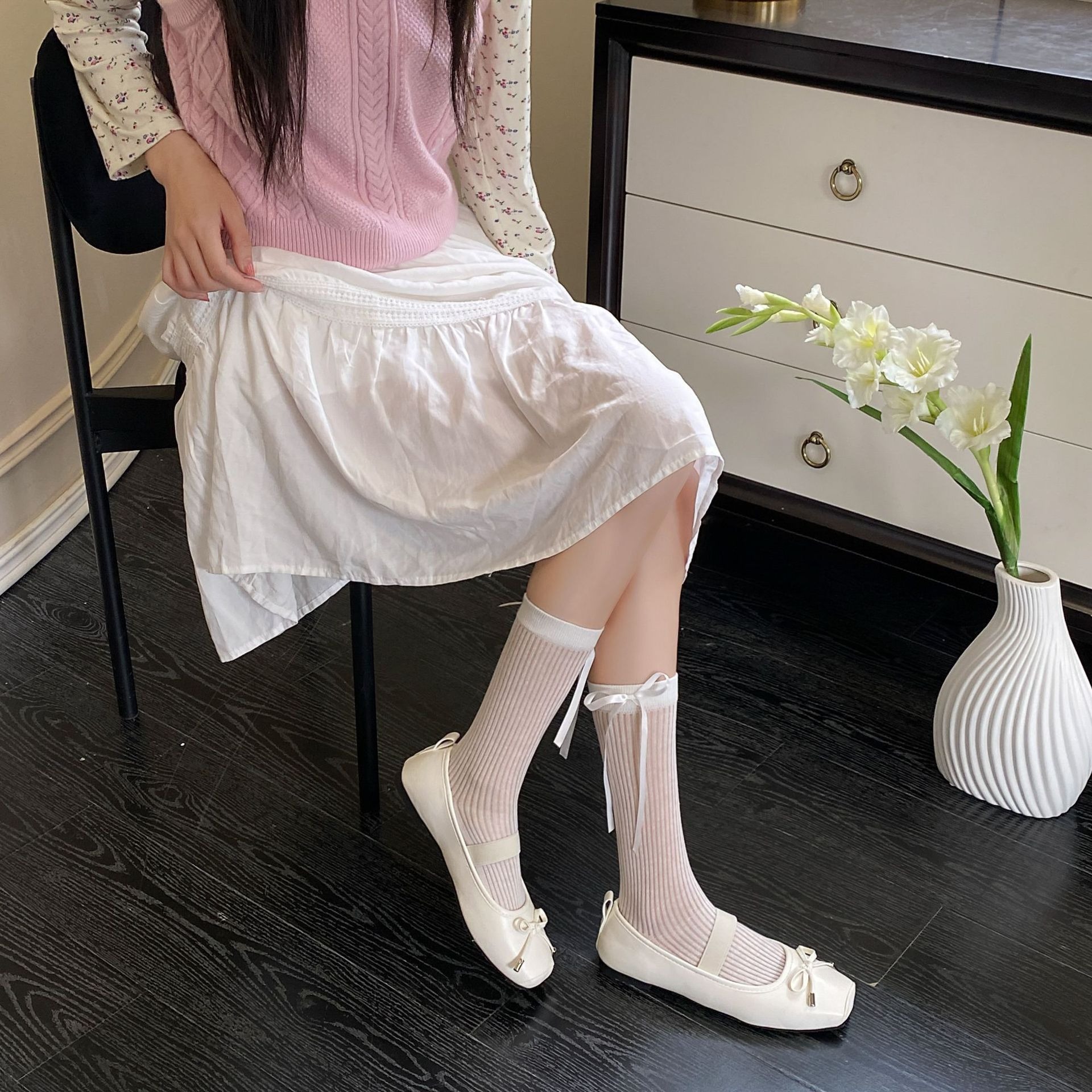丝带蝴蝶结袜子女芭蕾风甜美少女中筒袜夏季薄款竖条jk堆堆袜飘带详情9
