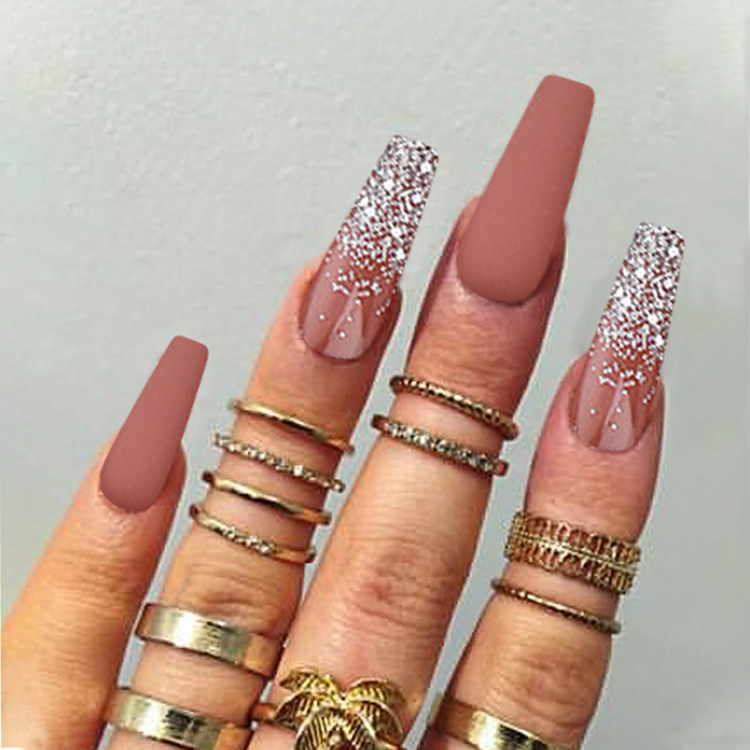 European and American style long ballet false nail patches, long French sequin nail art, matte frosted wearable nail finished products wholesale pic 8